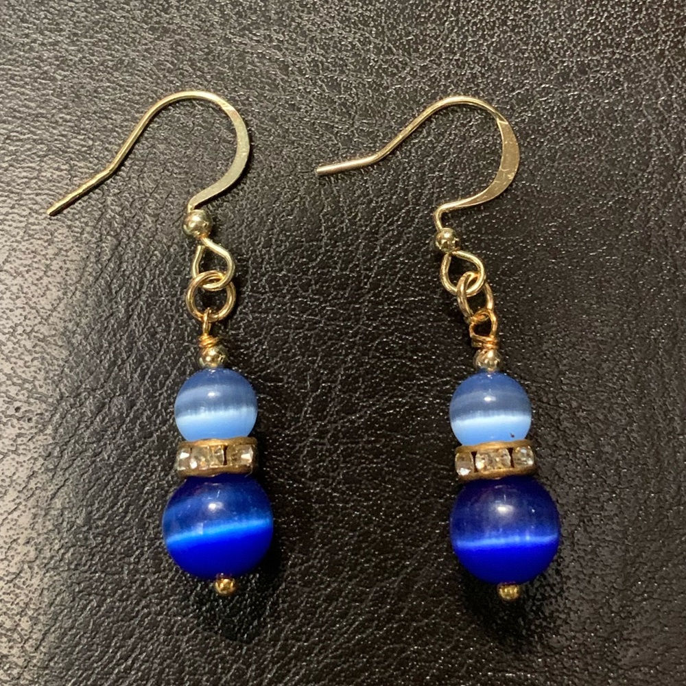 ❤️5/$15 Two Tone Blue Cat Eye Handcrafted Gold Dangle Earrings